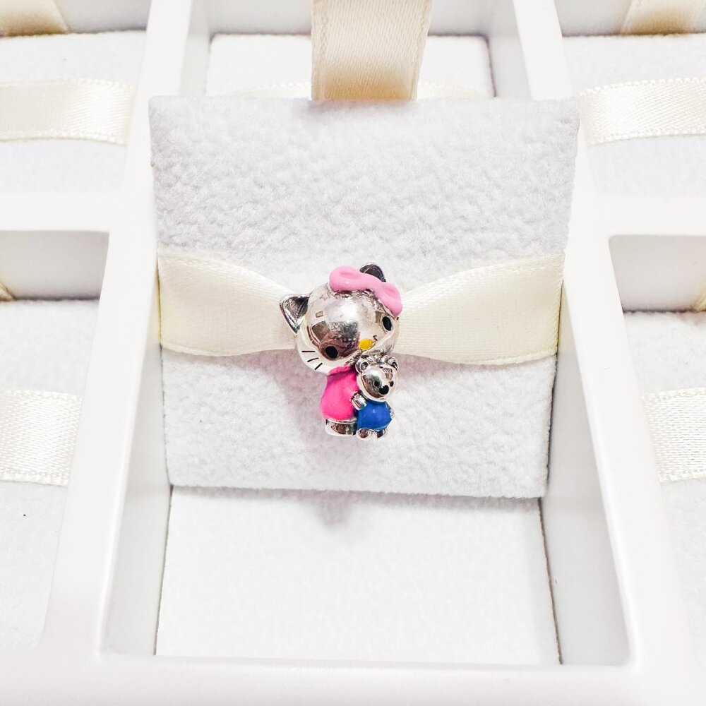 925 Sterling Silver Hello Kitty With Teddy Bear Charm Bead Fits Pandora Bracelet